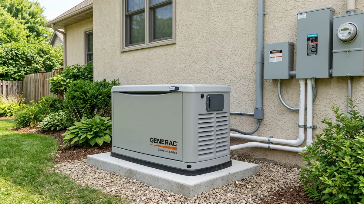 Whole-house standby generator installation with automatic transfer switch on an engineered concrete pad by Stand By Generator Pros